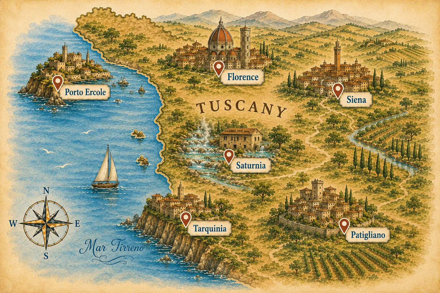 Monte Argentario to Chianti — illustrated route map