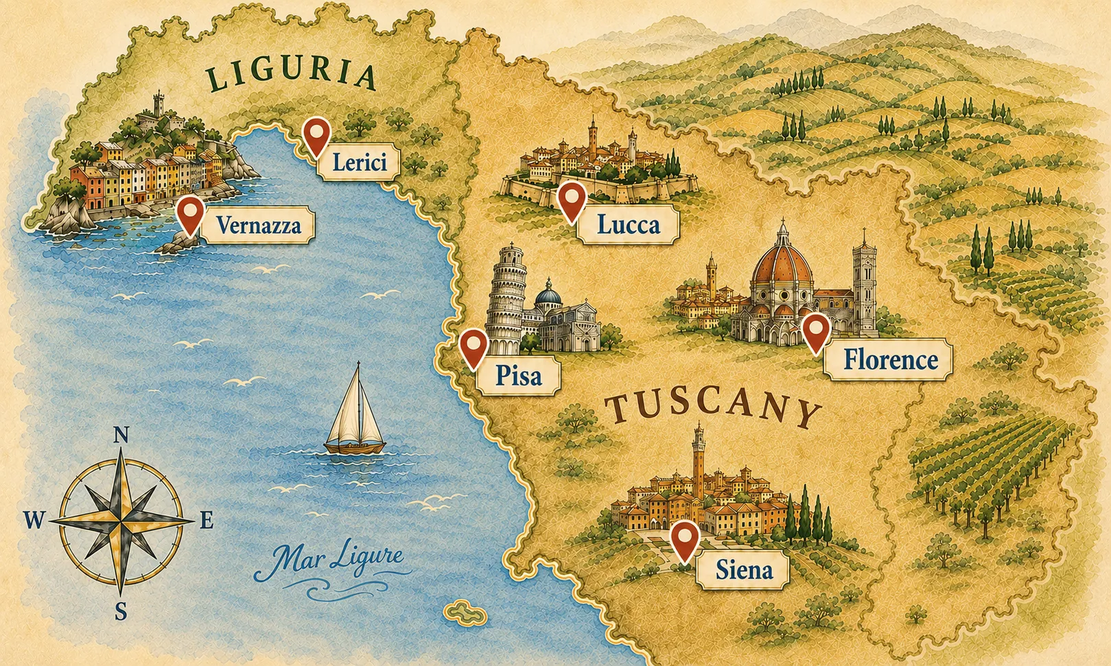 Liguria coast to Chianti — illustrated route map