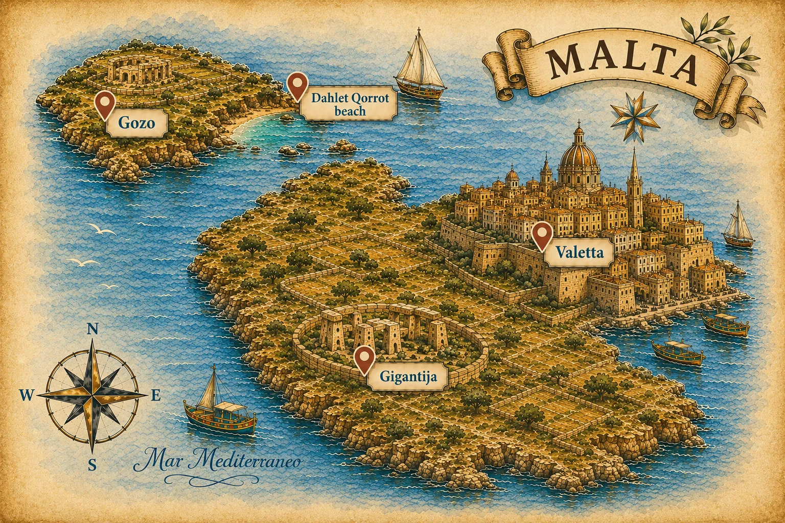 Gozo base — illustrated day-trip map of Malta and Gozo