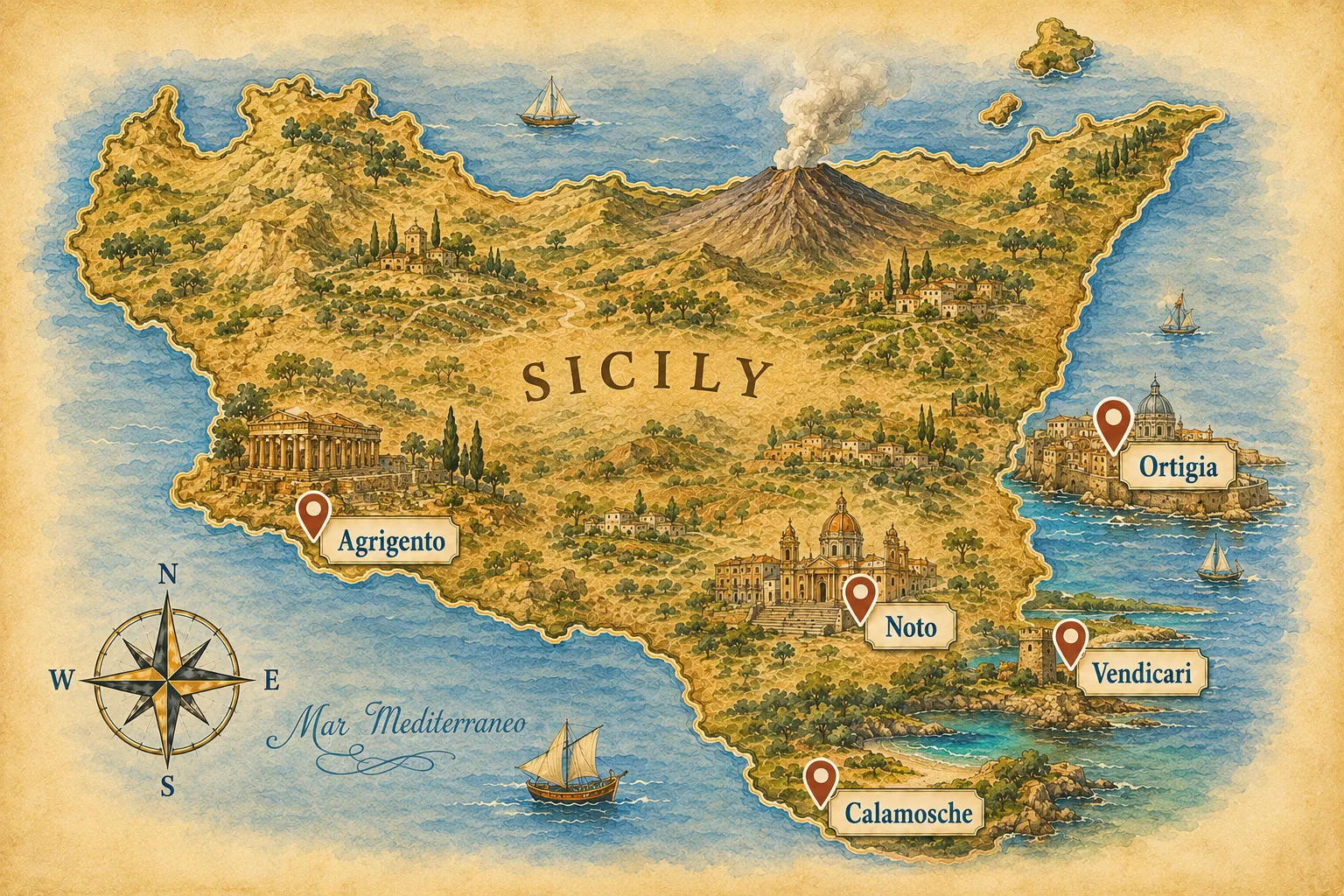 Val di Noto base — illustrated day-trip map of southeast Sicily