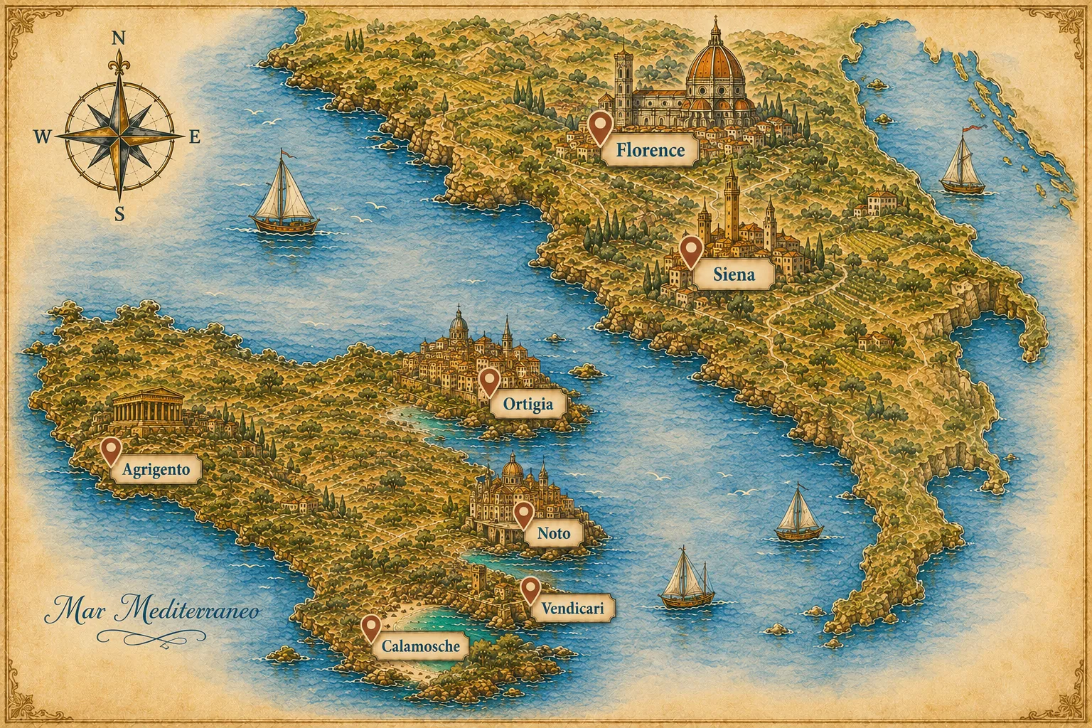 Florence and Chianti to Val di Noto — illustrated route map